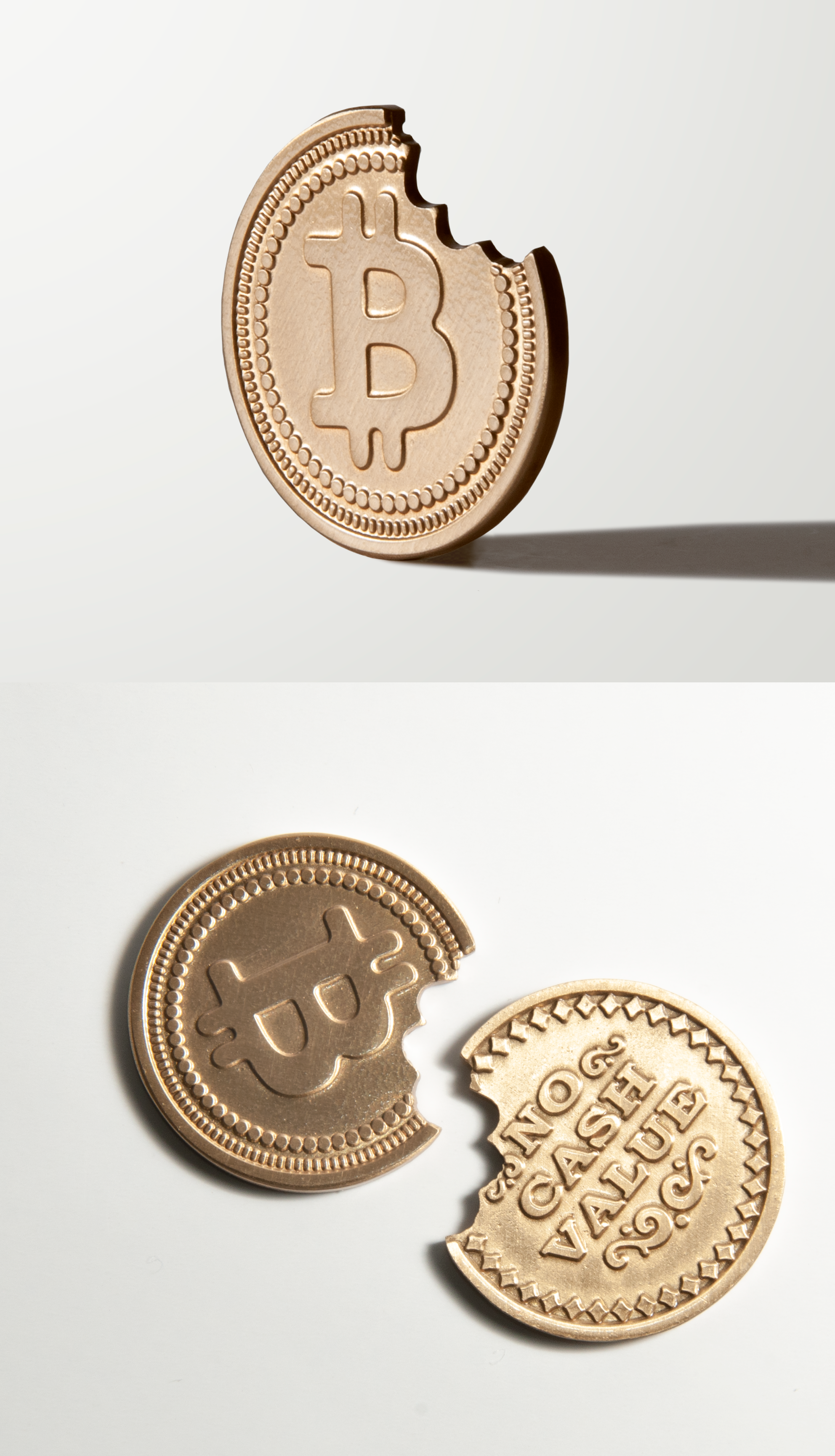 a bitten arcade token coin called a bitecoin, with bitcoin logo on it, with NO CASH VALUE written on the back side
